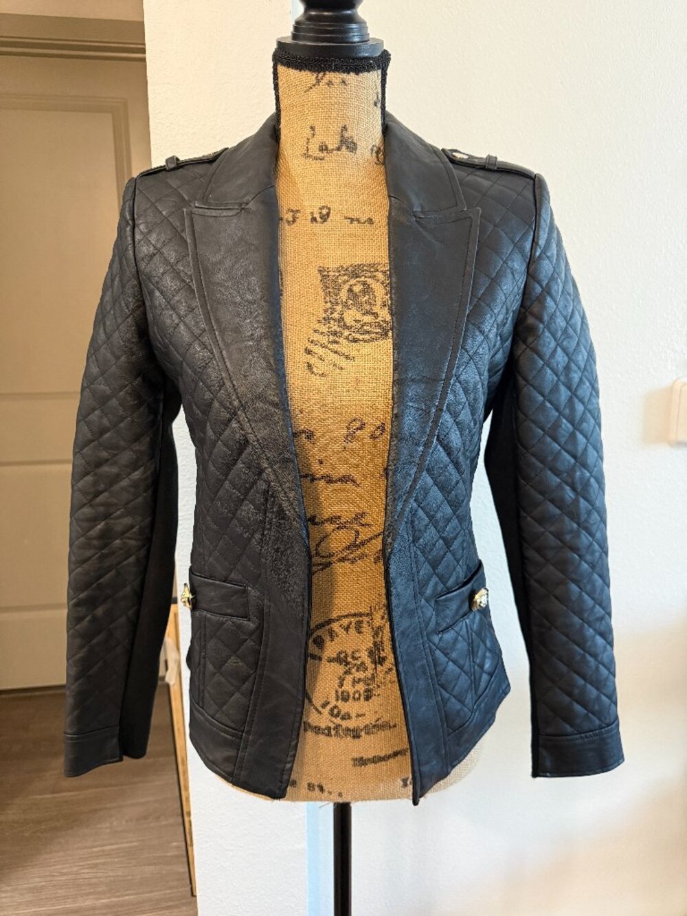NWOT River Island Black Faux Leather Quilted Blazer Gold Hardware US 4 / UK 8